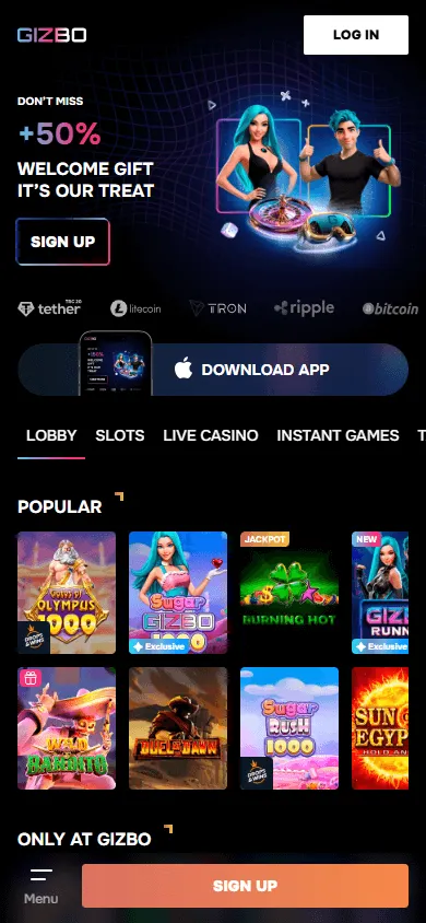 Gizbo Casino mobile home interface