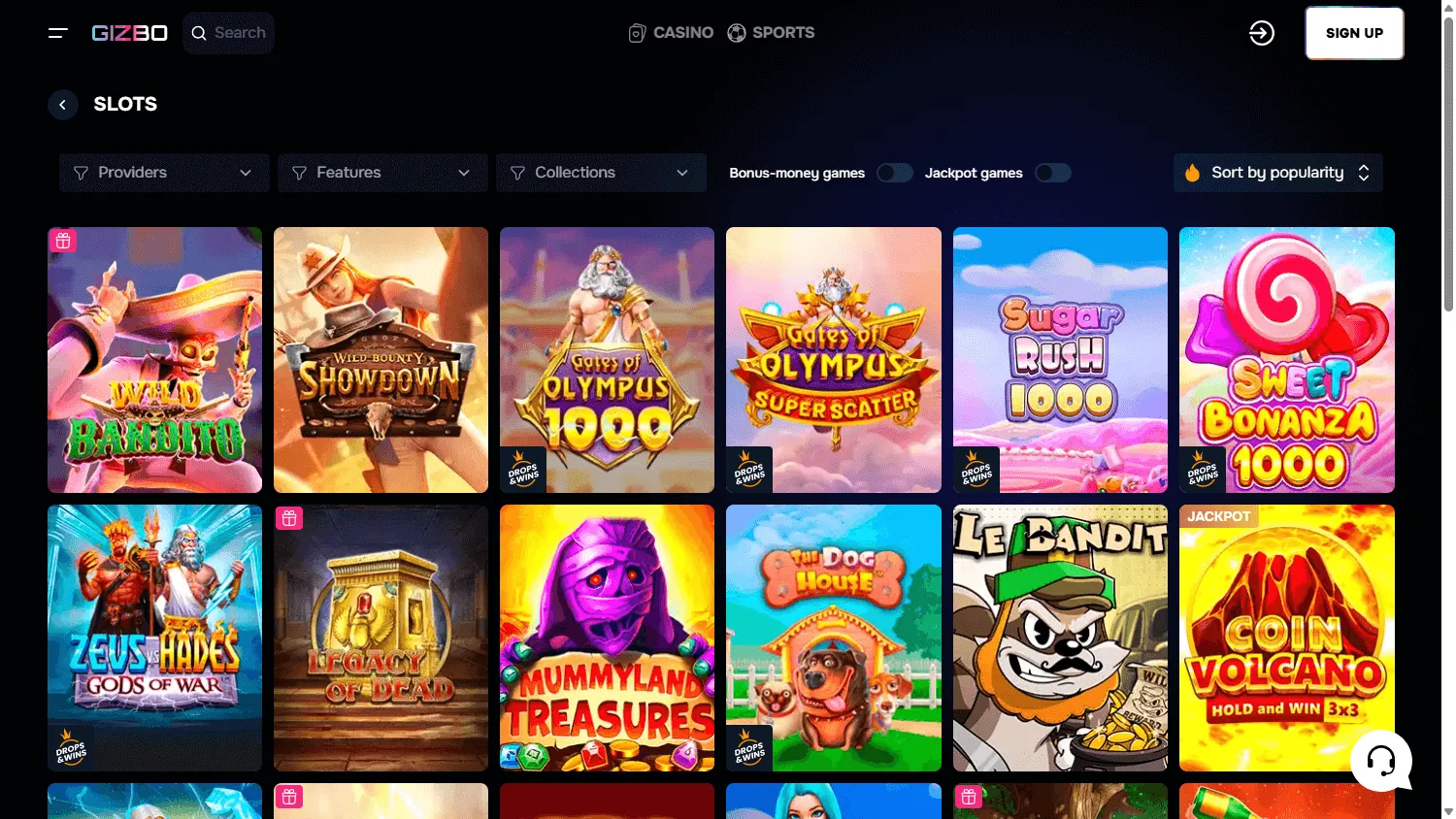 Gizbo Casino desktop game library
