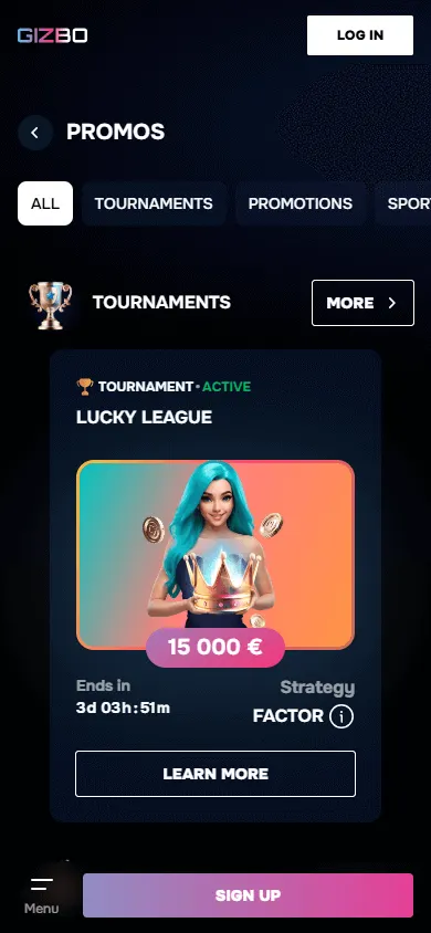 Gizbo Casino mobile promotions area