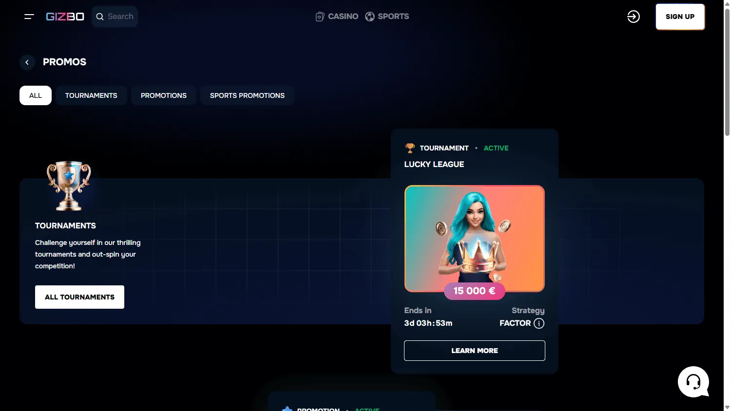 Gizbo Casino desktop promotions area