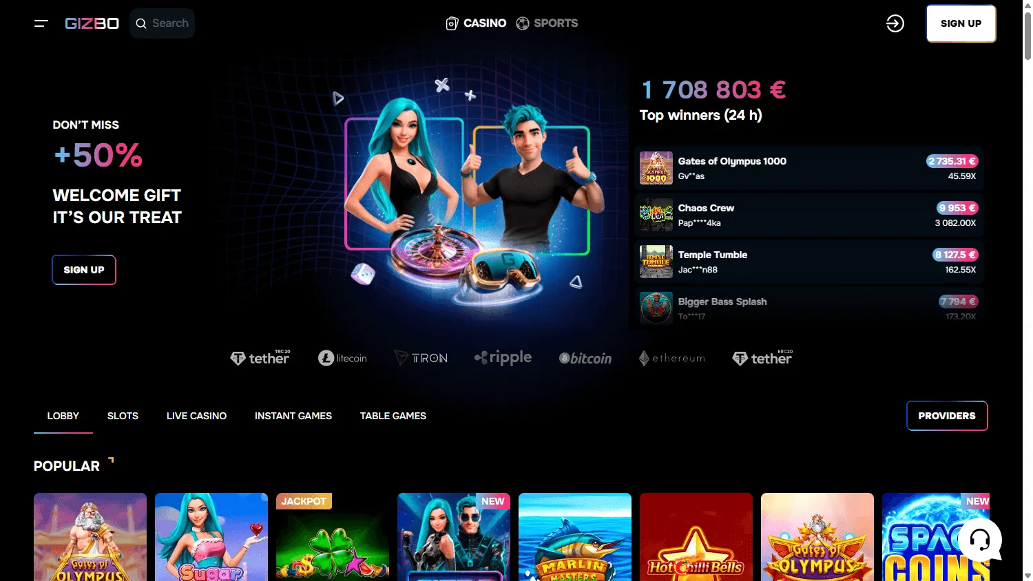 Gizbo Casino desktop home interface